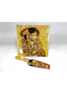 H.C.198-8081 Üveg süteményes kínálótál lapáttal Klimt: Csók, 2x25x25cm