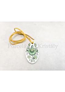 Kalocsai ovál medál, Fehér-zöld nagy virággal 6x3 cm