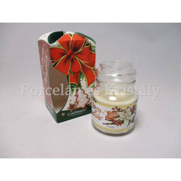 H.C.457-9904 Vanília illatgyertya üvegben, karácsonyi, 10x6,5 cm