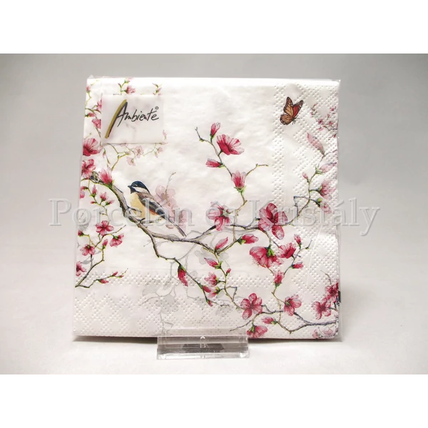 AMB.12511215 Madár virágzó faágon papírszalvéta 25x25 cm, 20 db-os 