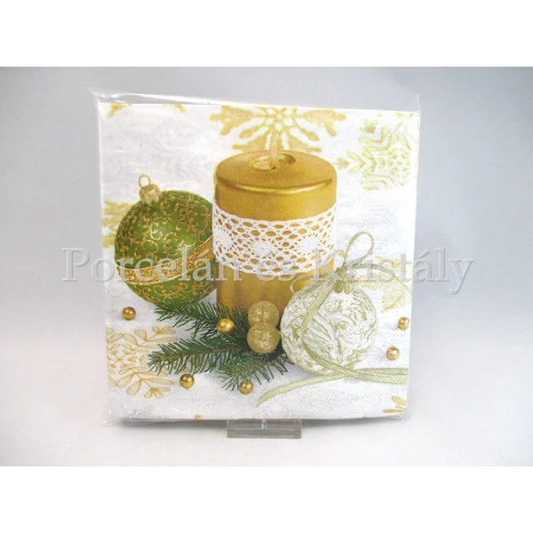 VRP-FEHÉR-ARANY-ZÖLD Karácsonyi papírszalvéta 33x33cm, 15db-os