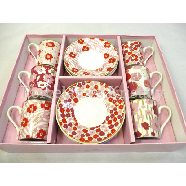 R2S.126POWP Rózsaszín virág porcelán mokkacsésze szett 6 személyes, 12 részes, díszdobozban