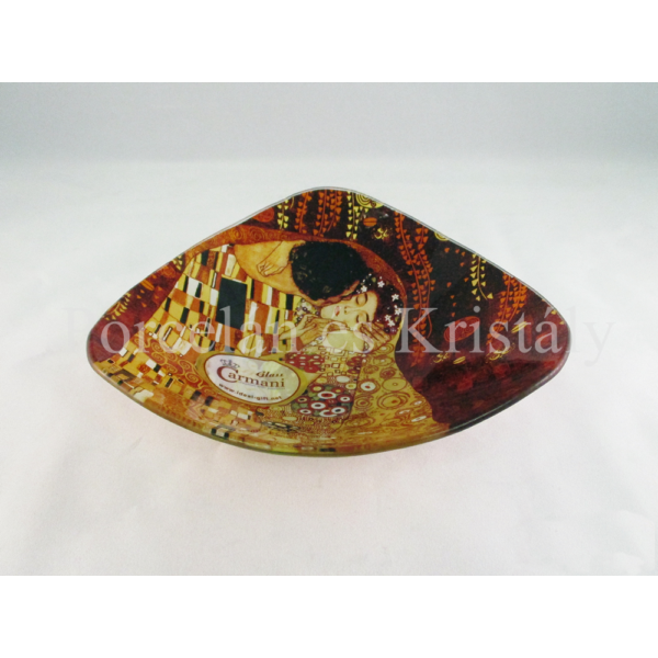 H.C.198-1131 Háromszögű üvegtál Klimt: Csók, 4,5x17x17 cm