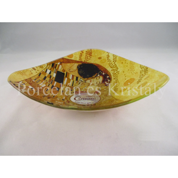 H.C.198-1132 Háromszögű üvegtál Klimt: Csók, 4,5x17x17 cm