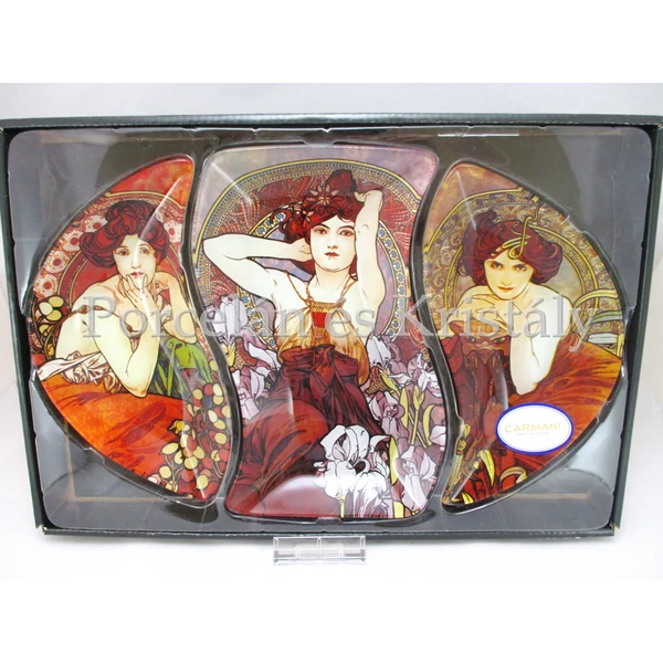 H.C.198-7002 Üvegtál szett 3 részes Mucha képek, 3x23x37 cm