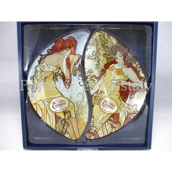 H.C.198-7025 Üvegtányér szett 2 részes Mucha: Nyár-Ősz, 3x21x24 cm