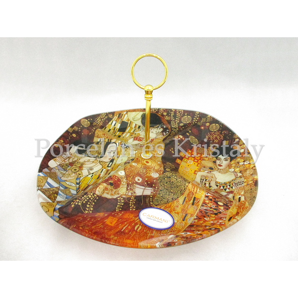 H.C.198-7028 Üveg süteményeskínáló 4-es osztású Klimt képekkel, 19x34,5 cm 