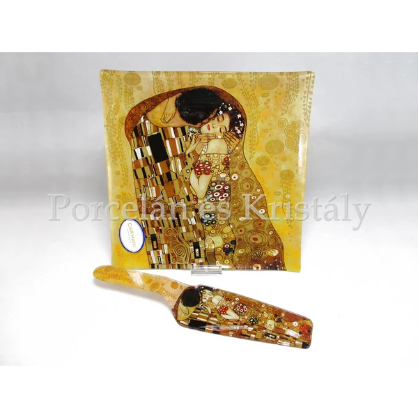 H.C.198-8081 Üveg süteményes kínálótál lapáttal Klimt: Csók, 2x25x25cm