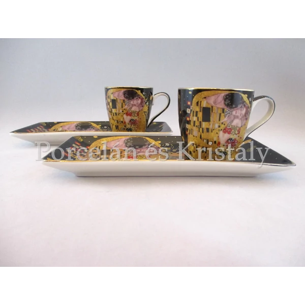 P.P.W8KL363-22413 Porcelán oldaltálcás mini-mokka szett 2 személyes, 4 részes, Klimt: Csók 