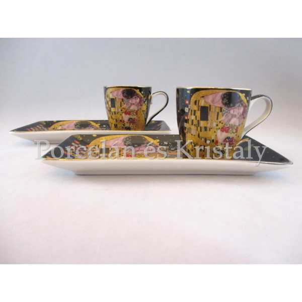 P.P.W8KL363-22413 Porcelán oldaltálcás mini-mokka szett 2 személyes, 4 részes, Klimt: Csók 