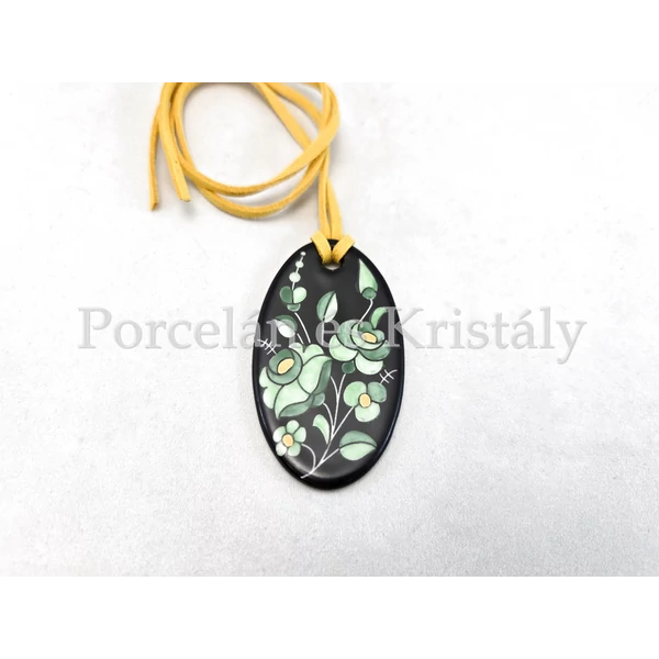 Kalocsai ovál medál, Fekete-zöld 6x3 cm